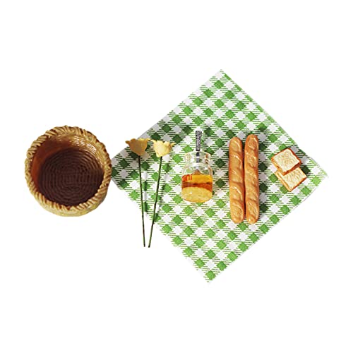 1/12 Lebensmittel Miniatur Dekor Puppenhaus Miniatur Lebensmittel Brot im Korb & Picknick Tuch Set für Puppenhaus Dekoration Display Requisiten Modell Sammlerpupe (Green, One Size) von Generisch