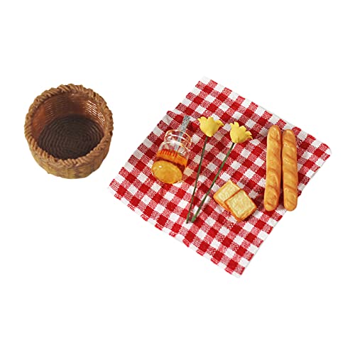 1/12 Lebensmittel Miniatur Dekor Puppenhaus Miniatur Lebensmittel Brot im Korb & Picknick Tuch Set für Puppenhaus Dekoration Display Requisiten Modell Sammlerpupe (Red, One Size) von Generisch