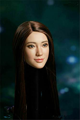 1/6 Maßstab Weibliche Kopf Skulptur, Schönheit Lächelnder Ausdruck Asiatisches Mädchen Kopf Geschnitzt für 12Zoll Actionfiguren Körper (Braunes Glattes Haar) von Generisch