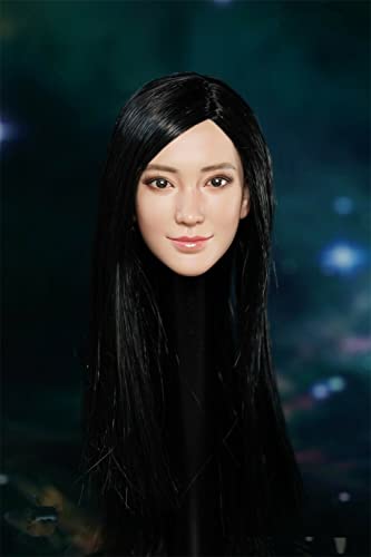 1/6 Maßstab Weibliche Kopf Skulptur, Schönheit Lächelnder Ausdruck Asiatisches Mädchen Kopf Geschnitzt für 12Zoll Actionfiguren Körper (Schwarzes Haar) von Generisch