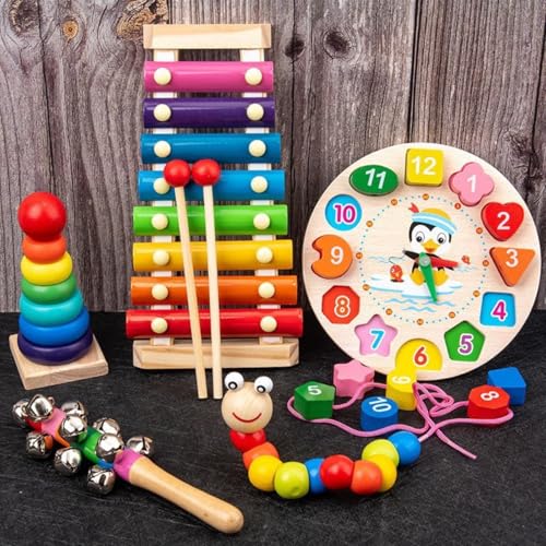 1 Set Holz Musical Kit Montessori Baby Spielzeug Xylophon Rassel Drum Bell 3D Puzzles sensorische Lern Geschenke für 0-12 Monate von Generisch