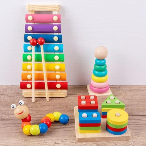 1 Set Holz Musical Kit Montessori Baby Spielzeug Xylophon Rassel Drum Bell 3D Puzzles sensorische Lern Geschenke für 0-12 Monate von Generisch