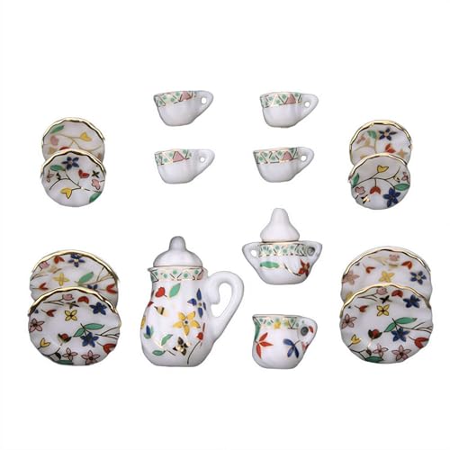 1:12 Puppenhaus-Miniatur-Teetassen-Set aus Porzellan, Mini-Blumen-Muster mit goldenem Rand, Teekanne, Tassenteller, Puppenhaus-Küchenzubehör (bunt) von Generisch