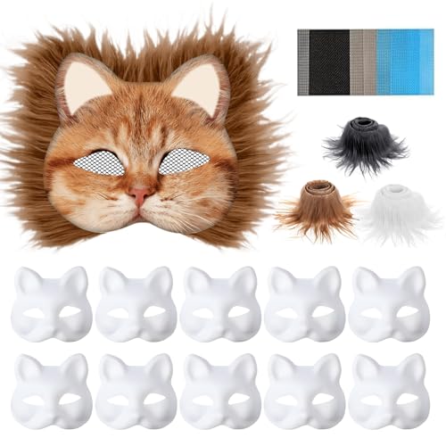 Generisch 10 Stück Katzenmasken zum Anmalen, Therian Masken, DIY Papiermasken mit Kunstfell und Eye Mesh, ideal für Karneval, Maskerade, Party und Cosplay von Generisch