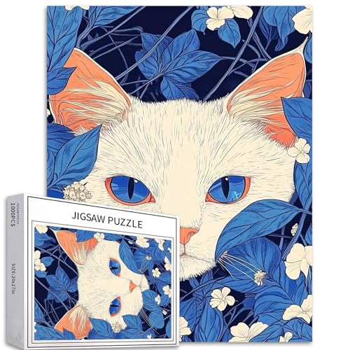 1000-teiliges Manga-Kunst-Puzzle mit weißen Katzen und Blumen, dicke Linien, ruhige blaue Blätter, 50 x 70 cm, herausfordernde Familien-Aktivitätsspiele für Heimdekor-Geschenke 1000-teiliges Manga-Kunst-Puzzle mit weißen Katzen und Blumen, dicke Linien, ruhige blaue Blätter, 50 x 70 cm, herausfordernde Familien-Aktivitätsspiele für Heimdekor-Geschenke von Generisch