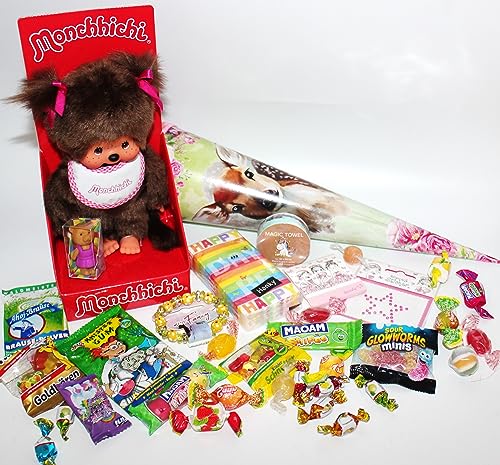 101655 Schultüte viel Glück 35cm gefüllt mit Monchhichi Mädchen Spielsachen Ausbildung Schulanfang Kita Studium von Generisch