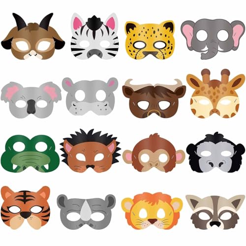 16 Stück Tiermasken Tierkostüm Partygeschenke mit 16 verschiedenen Tiergesichten für Streichelzoo Bauernhaus Dschungel Safari Thema Geburtstag Party Halloween Masken Verkleidungsparty Supplies von Generisch