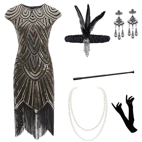 1920er Jahre Kleid Damen 1920er Jahre Charleston Kleid 1920er Jahre Flapper Damen Flapper Gatsby Kostüm mit Fransen Pailletten Perlen Retro Damen 1920er Jahre Kleid für Kostümparty, gold, S von Generisch