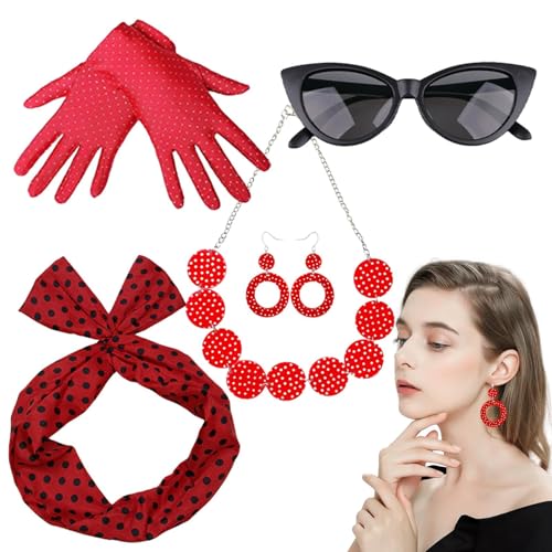 1950er-Jahre-Kostüm, gepunktete Halskette, Handschuhe, Stirnband, Katzenaugen, Brille, 50er-Jahre-Kostüm, Damen-Kostüm, Party-Outfits für Party, Urlaub 1950er-Jahre-Kostüm, gepunktete Halskette, Handschuhe, Stirnband, Katzenaugen, Brille, 50er-Jahre-Kostüm, Damen-Kostüm, Party-Outfits für Party, Urlaub von Generisch
