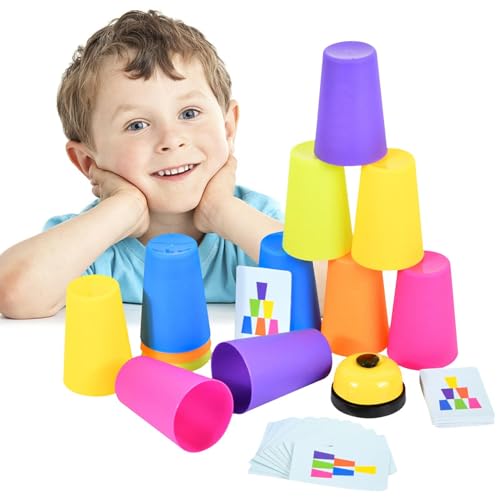 2 Tassenstapelset Kids, Quick Stack Cups Stapelspiel für Kinder & Erwachsene, Lustige Tassen Spiele mit Klingel Anrufen, 12 Speed Tassen & 50 Karten,Geschwindigkeitstrainingsspiel für Reisen von Generisch