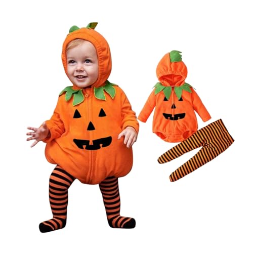 2-Teiliges Set Kürbis Kostüm für Baby, Halloween Kapuzen Outfit, Jungen Mädchen Kürbiskostüm Kleidung, Pumpkin Top und gestreifte Hose, Halloween costume für Kleinkinder Von 0-24 Monaten von Generisch
