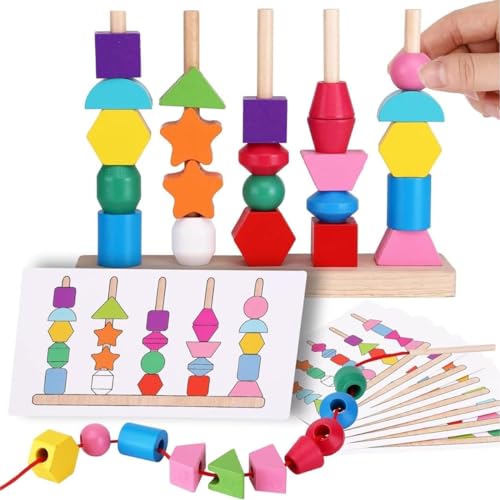 2-in-1 Montessori Holzspielzeug, Holz Stapelspiel und Fädelspiel Steckspiel Multifunktionales Spielzeug, Feinmotorik und Motorikspielzeug, 3 4 5 Jährige von Generisch