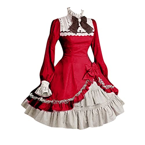 2024 - Spitze Party Fliege mit Schleife Cosplay Ärmel Damenkleid Gothic Lange Kostüme Damenkleid Cosplay Kostüm Damen (Rot, M) von Generisch