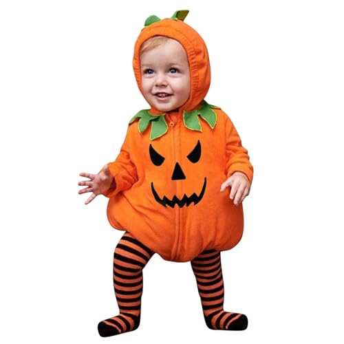 2025 - Halloween-Kleidungssets für Neugeborene, Mädchen und Jungen, langärmelig, Fleece, Reißverschluss, Kapuze, Strampler, Jacke, Oberteil, gestreifte Hose, Halloween Kostüm (Orange, 6-12 Months) von Generisch