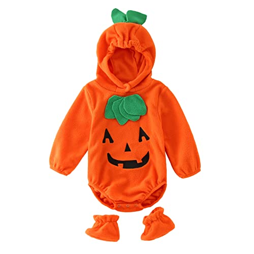 2025 - Kleinkind Jungen Langarm Halloween Kürbis Cosplay Strampler Kostüm Soft Fleece Bodysuit Schuhe Set mit Babyset Neugeboren Junge Geschenk (Orange, 12-18 Months) von Generisch