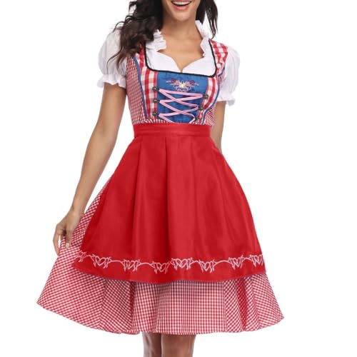 2025 Oktoberfest Deutsches Kleid für Damen in Übergröße, mit eckigem Ausschnitt, Schürze, Oktoberfest-Biermädchen-Kostüm Kamado Tanjirou Hoodies Cosplay Kostüm Reißverschluss Jacke (Red, XL) von Generisch