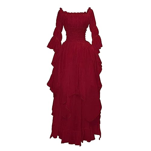 2025 Oktoberfest Mittelalterliches -Kleid mit ausgestellten Ärmeln für Damen, Gothic-Kleid, Cosplay-Performance-Kostümkleid Halloween Cosplay Kostüme Für Männer Alten Ägyptischen Pharao (Red, S) von Generisch