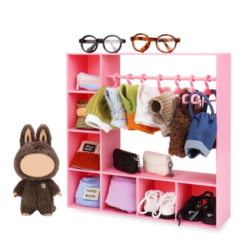 2025 Puppenkleiderschrank groß plus 10 Kleiderbügel, Puppenzubehör, Displaybox, tragbare Aufbewahrung für Modepuppenkleidung, Geschenk (Rosa) von Generisch