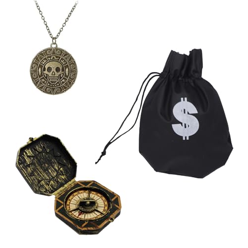 3 Stück Piraten Deko Set mit Totenkopf Kette, Deko Kompass und Dollar Beutel – Piratenkette Accessoires für Karneval, Halloween und Party Kostüm 3 Stück Piraten Deko Set mit Totenkopf Kette, Deko Kompass und Dollar Beutel – Piratenkette Accessoires für Karneval, Halloween und Party Kostüm von Generisch