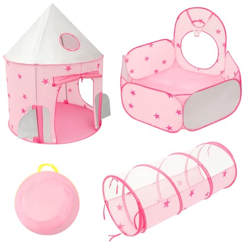 3 in 1 Kinder Spielzelt mit Tunnel, Pop-Up Kinderzelt mit Krabbel Tunnel, Krabbeltunnel mit Zelt Großes Gartenspielhauszelt Faltbar Spiel Haus für Kleinkinder Garten Camping(Rosa) von Generisch