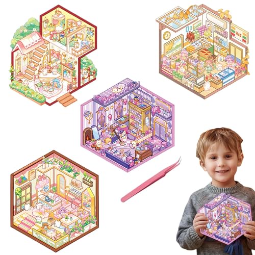 3D-Aufkleber-Szene | Cartoon-3D-Aufkleber-Set für koreanisches Haus, 4-teiliges Set, stapelbare Szene, Aufkleber, Landschaftsbau, Spielzeug, lustiges Miniaturhaus, um Ihr eigenes Loft Café Restaurant von Generisch
