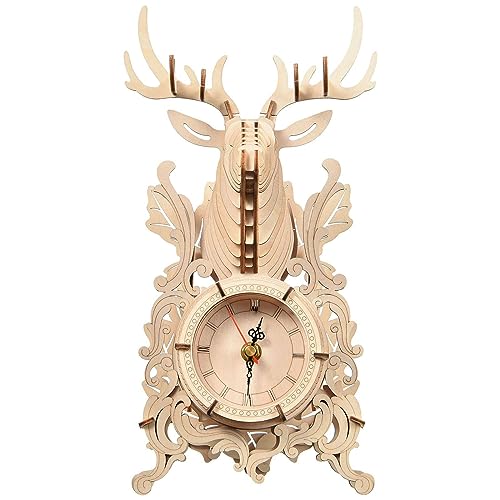 3D Holz Puzzle Modle Kit mit LED Licht, Einzigartiges Kunsthandwerk, Holz Mechanische Konstruktion Set, Hand Laterne,Ideal für Geburtstag Weihnachten (Hand Laterne) (Hirschkopf-Tableuhr) von Generisch