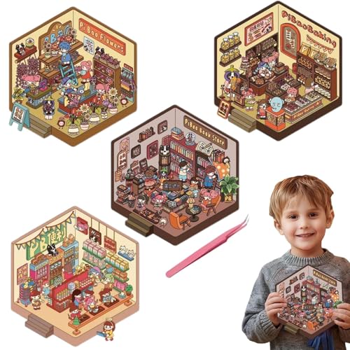 3D-Miniatur-Szenen-Aufkleber, 4 x koreanische Haus-Aufkleber, stapelbare Szene, Aufkleber, Landschaftsbau, Spielzeug, lustiges Miniaturhaus, um Ihr eigenes Loft, Café, Restaurant, Buchhandlung zu von Generisch
