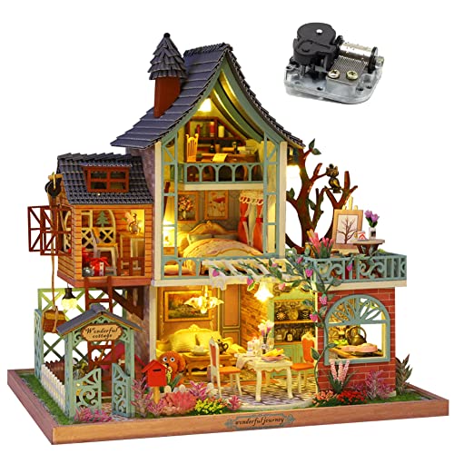 3D-Puppenhaus-Miniatur-Möbel-Set aus Holz, zum Selbermachen, handgefertigtes Kunstwerk, Dschungelloft-Baumodell, Urlaub, Geburtstagsgeschenk, Duplex, pastoraler Stil, literarische Villa von Generisch