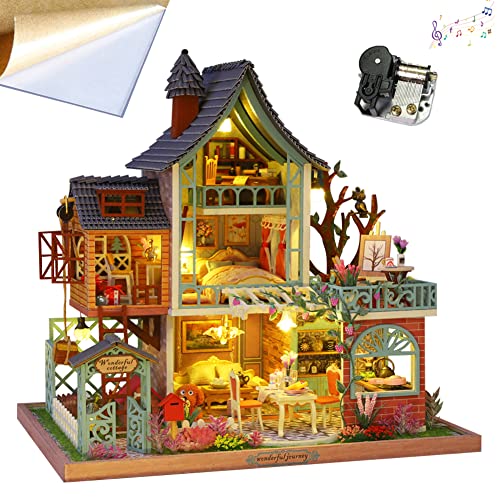 3D-Puppenhaus-Miniatur-Möbel-Set aus Holz, zum Selbermachen, handgefertigtes Kunstwerk, Dschungelloft-Baumodell, Urlaub, Geburtstagsgeschenk, Duplex, pastoraler Stil, literarische Villa von Generisch
