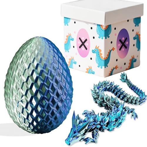 3D-gedruckte Drachenfigur und Ei, Set – bewegliche Fidget-Dekoration mit flexiblen Gelenken, 3 Größen (S/M/L), Stressabbau-Display (Blau-Grün + Box, groß) von Generisch
