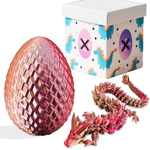 3D-gedruckte Drachenfigur und Ei, Set – bewegliche Fidget-Dekoration mit flexiblen Gelenken, 3 Größen (S/M/L), Stressabbau-Display (Gelb / Rot + Box, klein) von Generisch