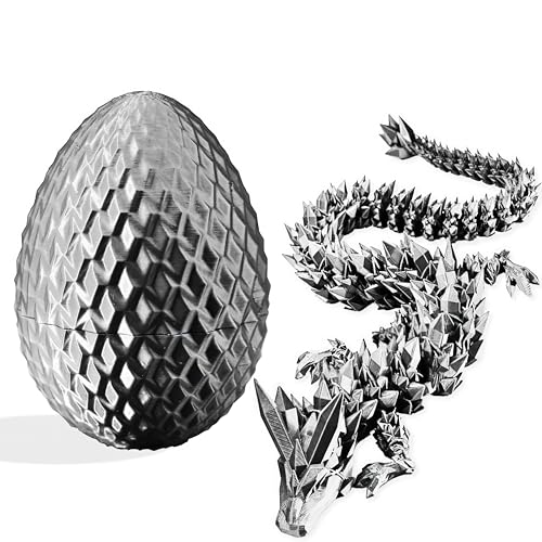3D-gedruckte Drachenfigur und Ei, Set – bewegliche Fidget-Dekoration mit flexiblen Gelenken, 3 Größen (S/M/L), Stressabbau-Display (Silber-Schwarz, Groß) von Generisch