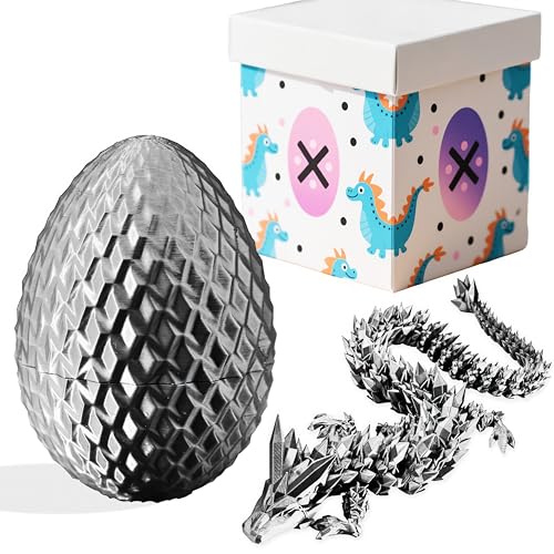 3D-gedruckte Drachenfigur und Ei, Set – bewegliche Fidget-Dekoration mit flexiblen Gelenken, 3 Größen (S/M/L), Stressabbau-Display (Silber-Schwarz + Box, klein) von Generisch