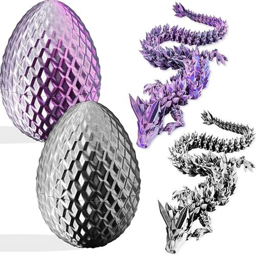 3D-gedruckte Drachenfigur und Ei, Set – bewegliche Fidget-Dekoration mit flexiblen Gelenken, 3 Größen (S/M/L), Stressabbau-Display (Violett + Silber, groß) von Generisch