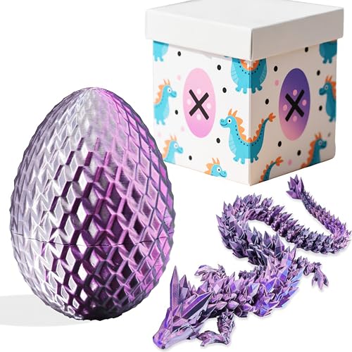 3D-gedruckte Drachenfigur und Ei, Set – bewegliche Fidget-Dekoration mit flexiblen Gelenken, 3 Größen (S/M/L), Stressabbau-Display (lila + Box, groß) von Generisch