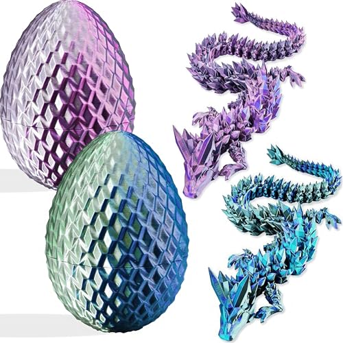 3D-gedruckte Drachenfigur und Ei, Set – bewegliche Fidget-Dekoration mit flexiblen Gelenken, 3 Größen (S/M/L), Stressabbau-Display (lila + grün, groß) von Generisch