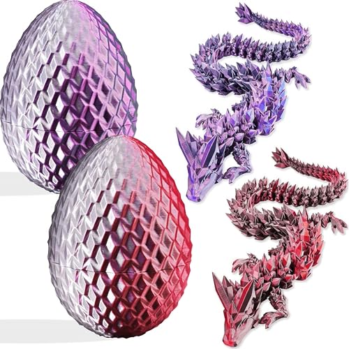 3D-gedruckte Drachenfigur und Ei, Set – bewegliche Fidget-Dekoration mit flexiblen Gelenken, 3 Größen (S/M/L), Stressabbau-Display (lila + rot, groß) von Generisch
