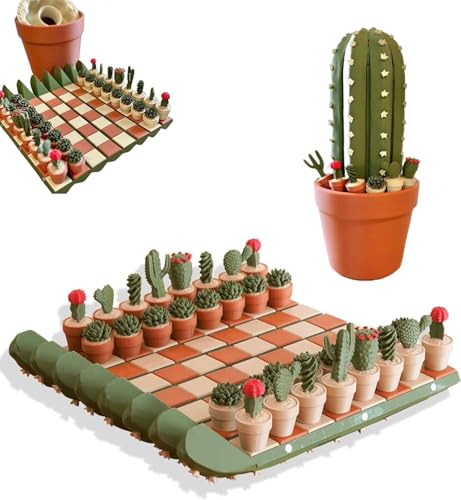 3D-gedrucktes Kaktus-Schach-Set, 32-teilig, tragbar, aufrollbar, Reise-Schachbrett mit Pflanzen-Design, rutschfeste Oberfläche, einzigartige Tischdekoration für Schach- und Pflanzenliebhaber von Generisch