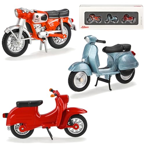3er Set aus Simson Schwalbe KR51 Rot und Vespa PX Grau und Zündapp KS 50 WC Orange 1/43 Schuco Modell Motorrad von Generisch