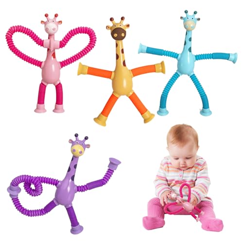 4 Stück Teleskop Giraffe Saugnapf Spielzeug, 18 cm Lustiges Giraffenspielzeug, Saugnapf Spielzeug Kinder, Pädagogisches Stressabbau-Spielzeugs Für Kinders von Generisch