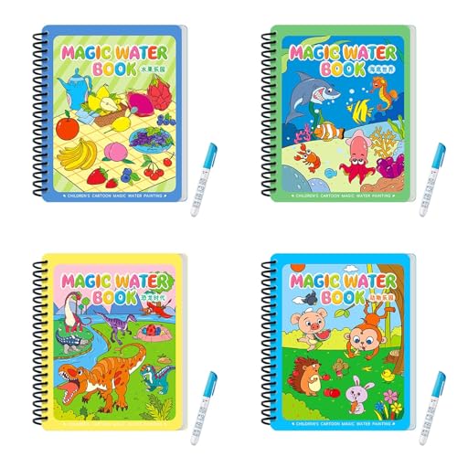 4 Stück Wassermalbuch, Wasser Malbuch mit Wasserstifte für Kinder, 4 Stück Wasserstift ab 2 Jahre,Magic Malbuch mit Wasserstift, Wasserzauber Malbuch, Water Reveal Aktivitätsbücher (A) von Generisch
