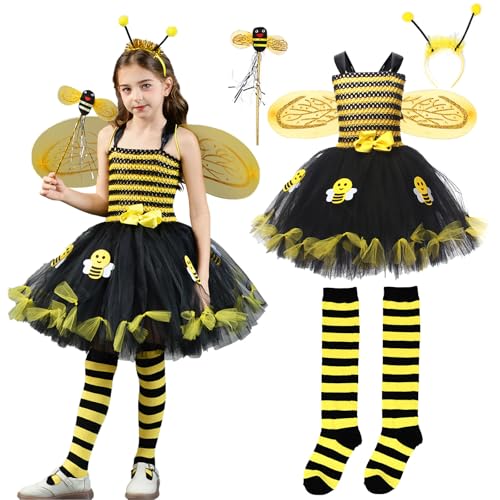 4 Teiliges Bienenkostüm für Kinder süßes Hummelkostüm mit Flügeln für Mädchen Halloween Tier Cosplay Prinzessinnen Kleid Set (2XL) von Generisch