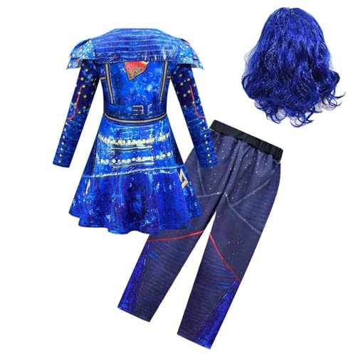 4-teiliges Desce-ndants 4 Rise Of Red-Kostüm Mit Perücke, Blaues Kostümkleid für Mädchen, Descen- 4 Cosplay Kinderfilm Outfits, Halloween Geburtstagsfeiern Bühnenstücke für Alter Von 3–14 Jahren von Generisch