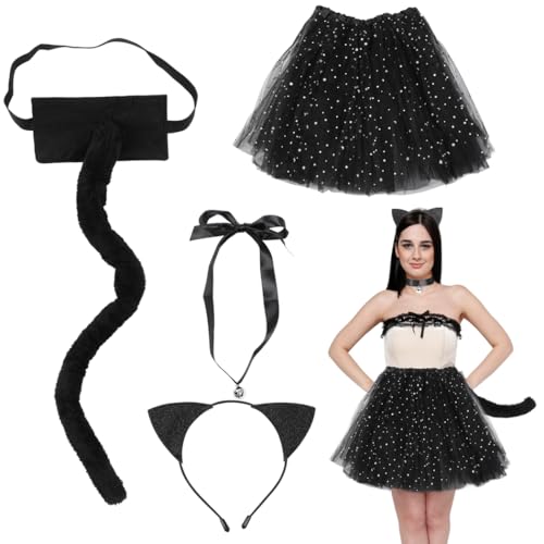 4-teiliges schwarzes Katzenohren-Stirnband, schwarzer Schwanz, Glocken-Choker-Halskette und Tutu-Rock für Partys, Halloween, Bühnenshows von Generisch