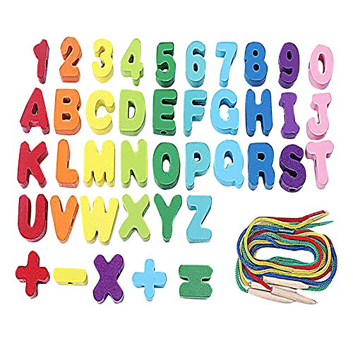 41 Stück Montessori Holzspielzeug, Holzspielzeug Fädelspiel Lernspiel Spielzeug Spielzeug a b 2 3 4 5 6 Jahre für K inder, H olzperlen Enthalten Buchstaben Zahlen (Multicolor, One Size) von Generisch