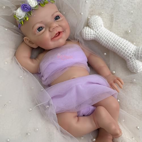 45 cm große, realistische Reborn-Babypuppe aus Silikon mit offenen Augen und offenem Mund – süße Neugeborenen-Babypuppe, handbemalt, als Geschenk für Kinder von Generisch
