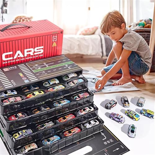 48-Teiliges Metall Mini Auto Set Rückziehangetrieben mit Streckenplänen Kleine Spielzeugautos für Jungen Mädchen Ab 3 Jahren Familientreues Geschenkidee Tragbarer Spielzeug-Sammlungsinhalt von Generisch