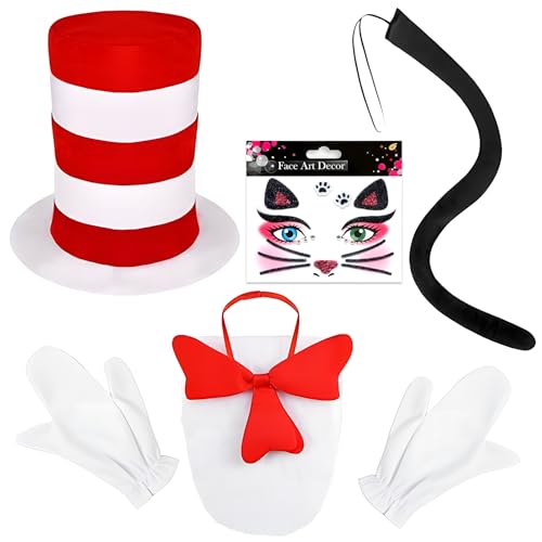 5-teiliges Katzenkostüm-Set mit rot-weiß gestreiftem Zylinder, Katzenschwanz, Fellfliege, weißen Handschuhen und Katzengesicht-Tattoo-Aufkleber für Kinder, Lehrer, Weltbuchtag, Kostümparty 5-teiliges Katzenkostüm-Set mit rot-weiß gestreiftem Zylinder, Katzenschwanz, Fellfliege, weißen Handschuhen und Katzengesicht-Tattoo-Aufkleber für Kinder, Lehrer, Weltbuchtag, Kostümparty von Generisch