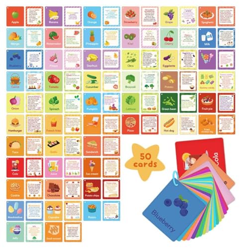 50 Stück Lebensmittelbewusstseinskarten – Kinder-Lernkarten für frühes Lernen, zweisprachige Lebensmittelerkennungskarten mit Aufbewahrungsbox von Generisch