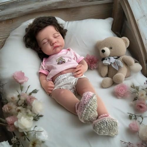 50 cm ultra-realistische Silikon-Puppe, schlafende Reborn-Babypuppe, handgepflanzt, kurzes braunes Haar, lebensechtes Mädchen mit geschlossenen Augen, geeignet für ältere Menschen und Kinder (bemalt) von Generisch